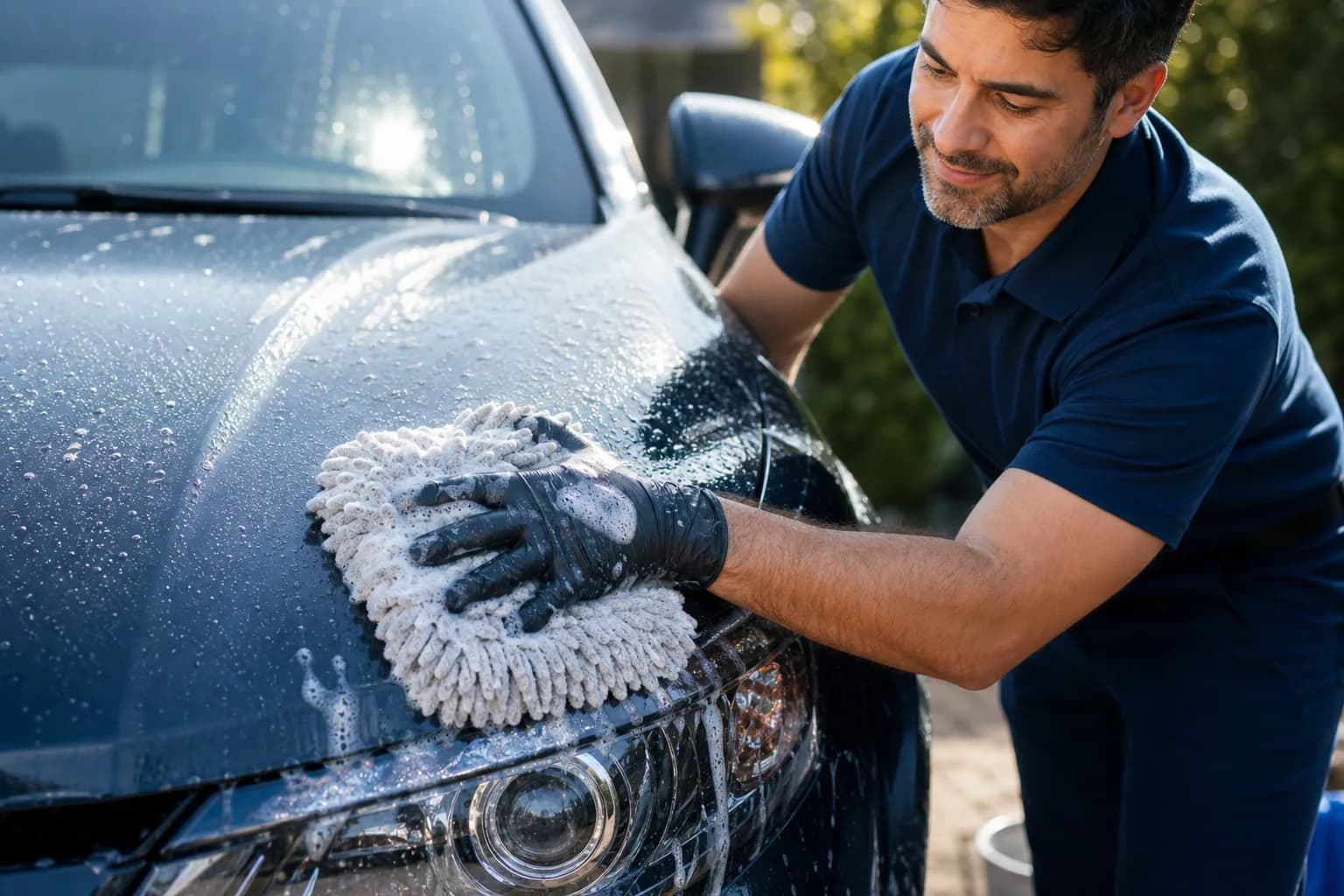 Close-up of an Aqualuxe mobile detailer applying foam and hand-washing the exterior of a dark car in a driveway.