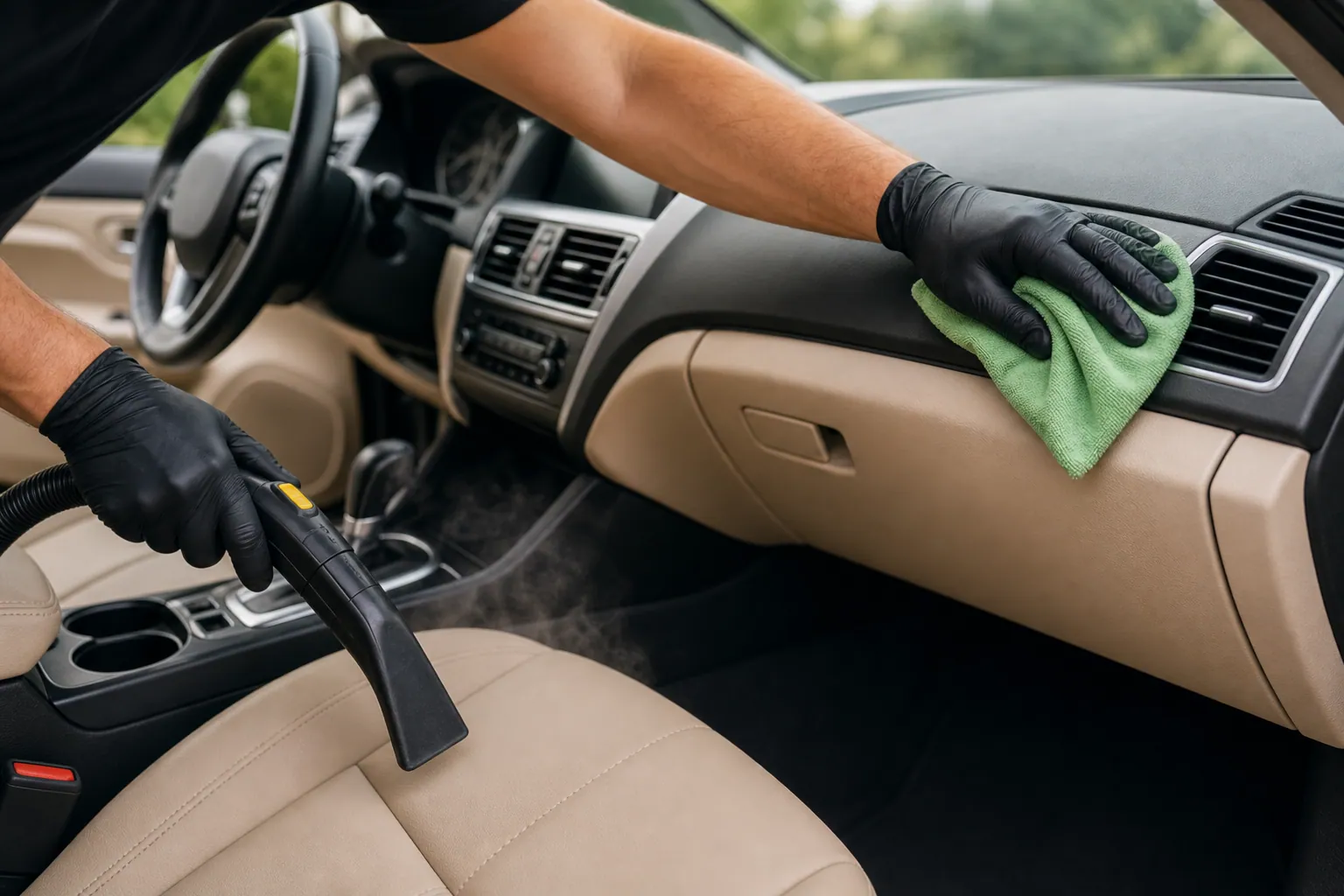 Détailleur Aqualuxe nettoyant à la vapeur et essuyant le tableau de bord et les sièges d'une voiture lors d'un shampooing intérieur mobile.