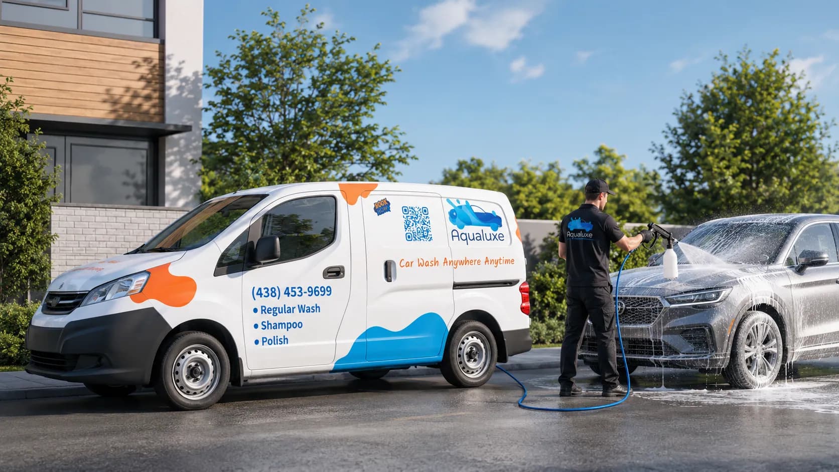 Aqualuxe branded van and detailer washing a customer's car at home