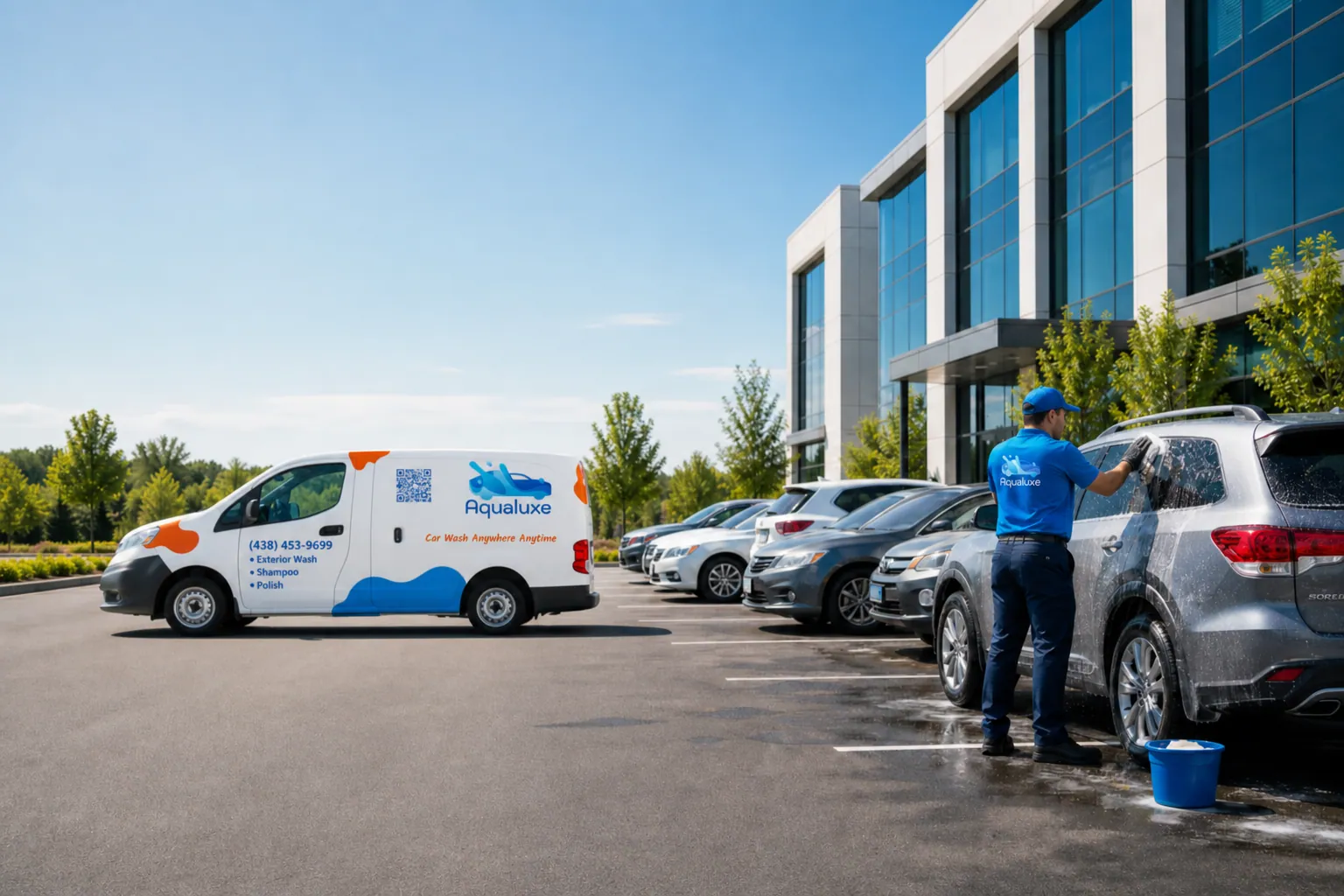 Aqualuxe detailer washing a company fleet vehicle beside the branded van in a corporate parking lot