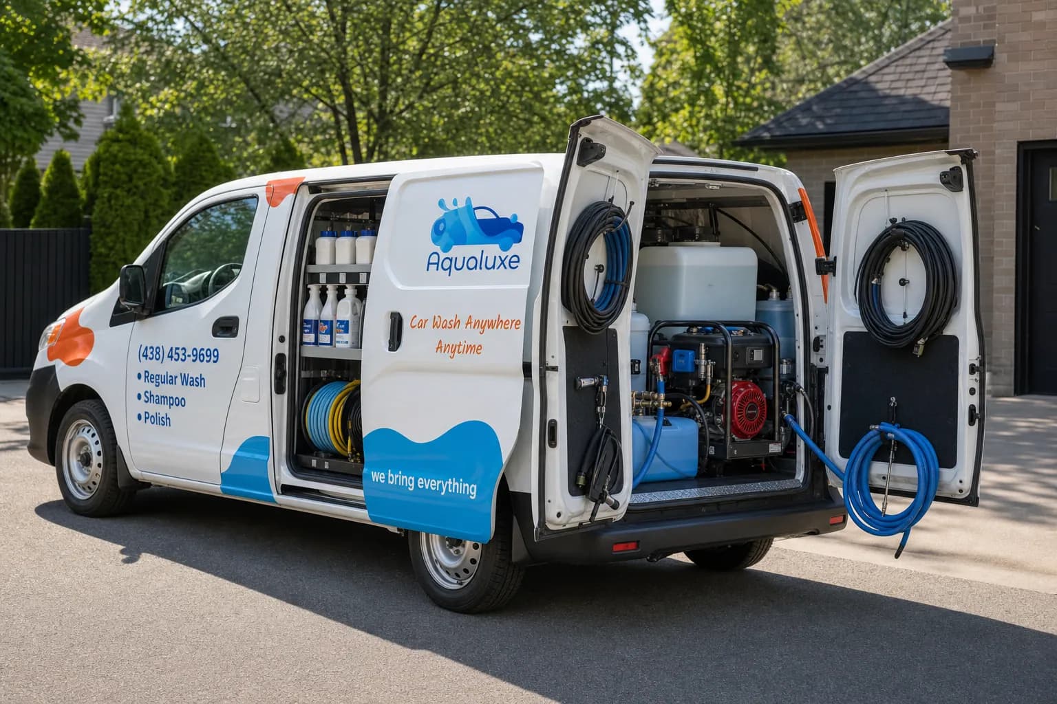 Aqualuxe van with rear doors open showing onboard water, power and detailing equipment